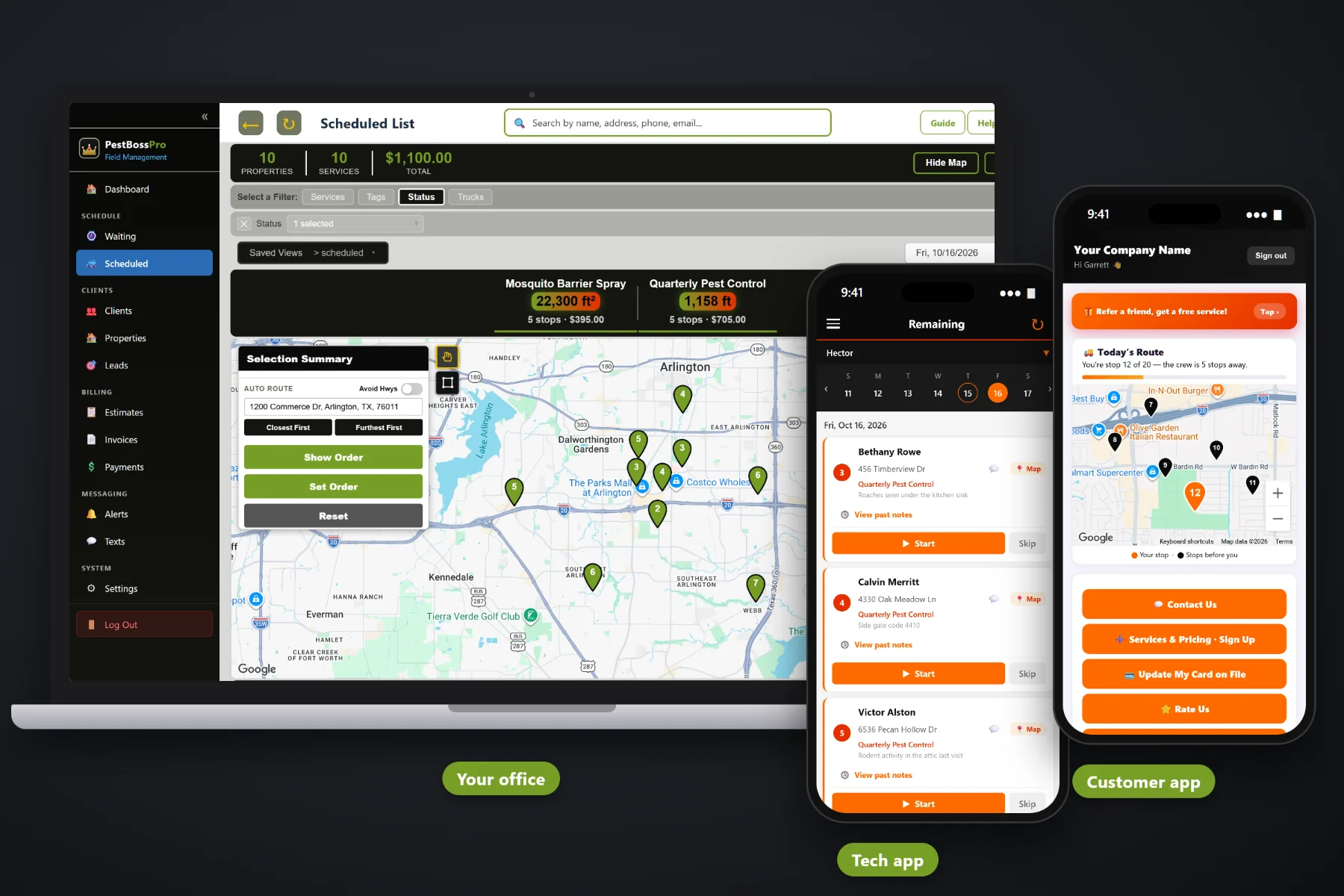 PestBossPro tech app showing a pest control technician's stops in route order with service and access notes on each stop card